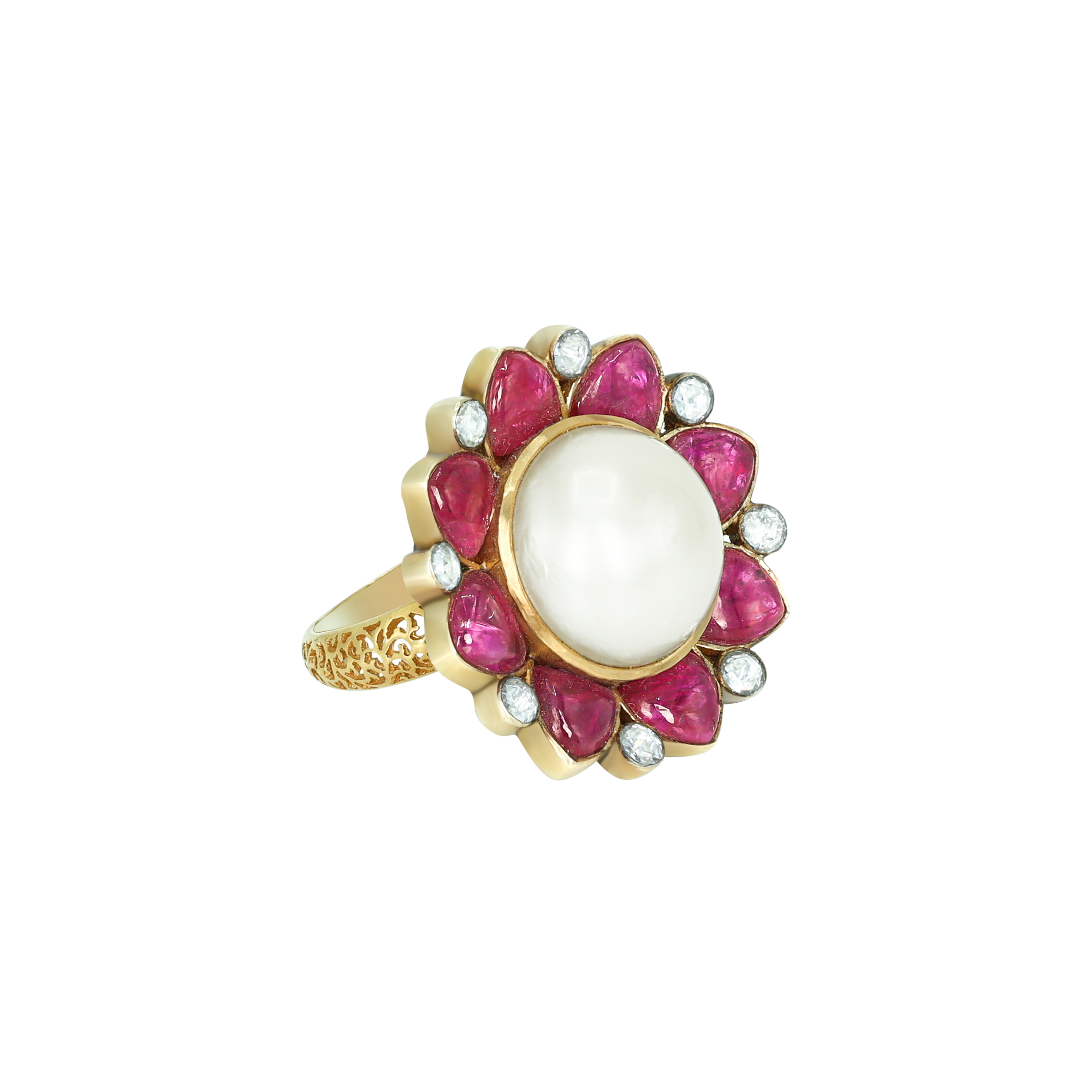 Pearl Ring with Ruby Halo and Diamond Accents
